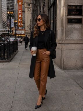 Zara Women’s Faux Leather Pants in Warm Brown